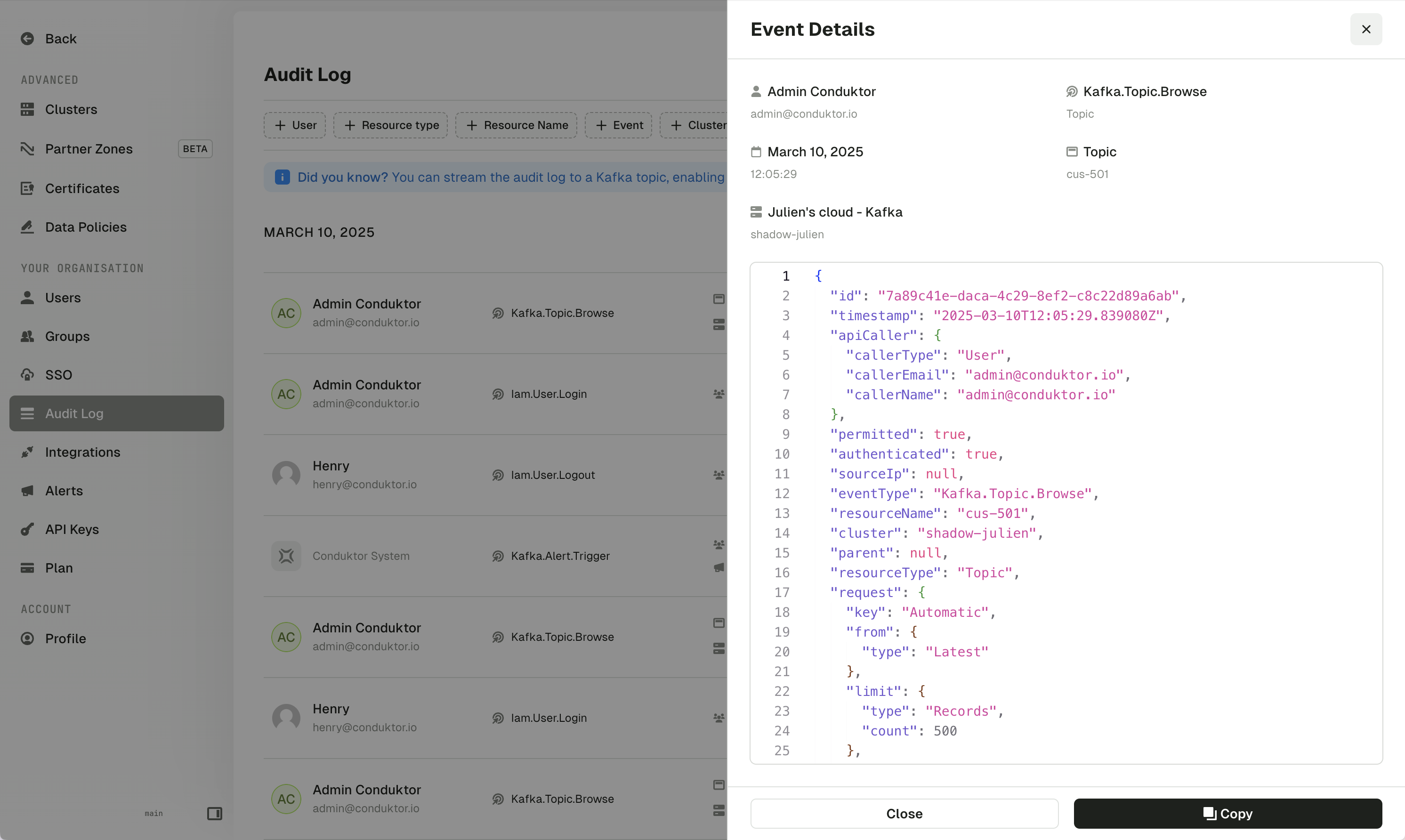 The audit log settings page shows a list of audit log events, with a drawer showing details of an event